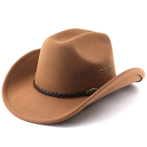 Classic dark brown western cowboy hat with felt texture and bull metal buckle belt
