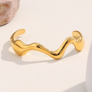Wave Cuff Bracelet 18K Gold Plated Stainless Steel Irregular Open Bangle Minimalist Modern Polished Jewelry For Women