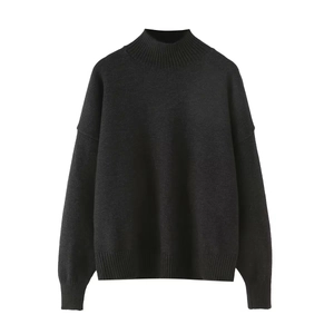 Detail of soft black mock neck sweater showing ribbed cuffs and fine knit texture