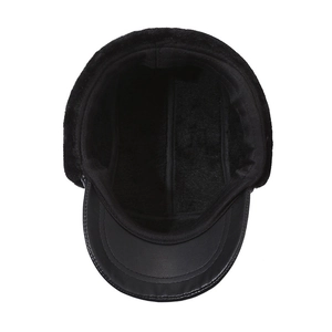 Men's winter faux leather flat cap with thick faux fur lining and ear flaps for warmth