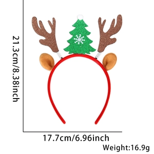 Detailed size and weight specs for a glitter Christmas headband with antlers and tree