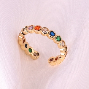 Brass 18K Gold Plated Colorful Cubic Zirconia Eternity Band Ring Adjustable Open Style For Women Minimalist Jewelry