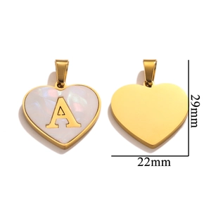 Polished heart-shaped pendant with shell inlay and letter A, 29mm stainless steel charm