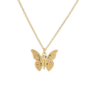 Macro shot of gold butterfly pendant featuring vibrant multi-colored zircon stones
