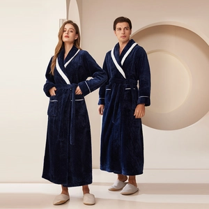 Thick navy blue flannel couple bathrobe with white contrast collar and diamond patterns