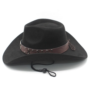Detail of black faux suede cowboy hat with studded leather band and adjustable chin strap