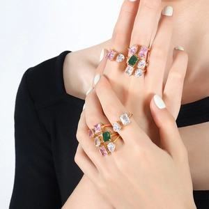 Gold-plated adjustable open ring set featuring pink, green, and clear zircon stones