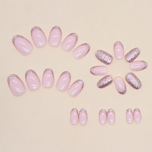 Pink French glitter press-on nails with shiny silver sparkles and round tips set