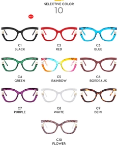 Grid view of anti-blue light cat-eye glasses frames in ten distinct pearl-decorated colors
