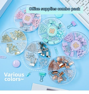 Pastel stationery set macro featuring binder clips and paper clips in a round case