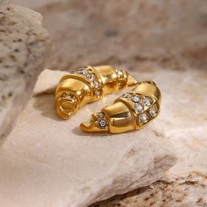 18K Gold Plated Stainless Steel Croissant Stud Earrings For Women French Minimalist Pave Rhinestone Jewelry Accessory