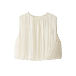 Chic cream sleeveless blouse with pleated texture and elastic hem for women