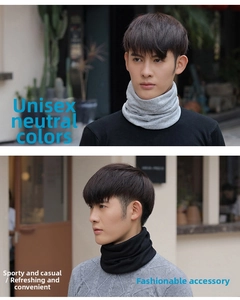Detailed knit texture of a multi-functional neck gaiter shown in black and grey colors