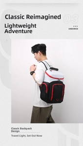 Detail of multi-pocket basketball backpack in black and white with red zipper accents
