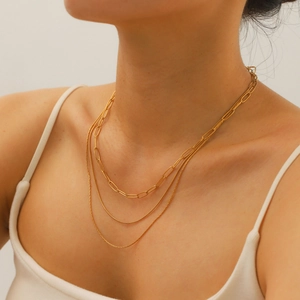 Three-layer 18K gold plated stainless steel necklace with paperclip and snake chain