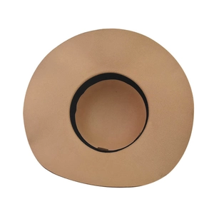 Detail view showing the interior black sweatband of a camel wool felt fedora hat