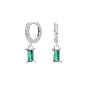 Detail of S925 silver hoop earrings with emerald-cut green zircon and pavé crystals