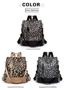 Detailed comparison of leopard print backpacks in black, brown, and white color variants