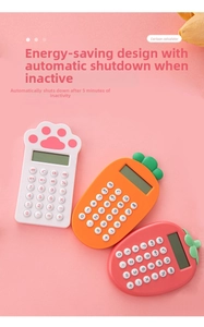 Flat lay of cute cartoon calculators in cat paw, carrot, and strawberry shapes