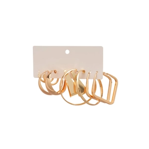 Polished gold geometric earring set featuring hoop and square styles on a display card