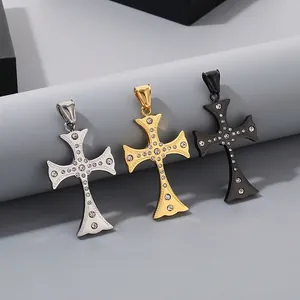 Stainless Steel Cross Pendant Necklace Rhinestone Inlaid Hip Hop Punk Style Jewelry For Men Women