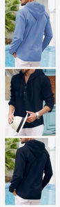 Men's casual hooded shirt with button placket and drawstrings in light and navy blue