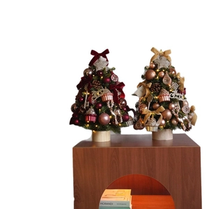 Mini tabletop Christmas tree set with red and gold ornaments for festive home holiday decor