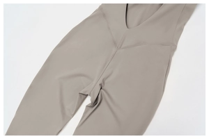 Macro detail of high-elasticity yoga bodysuit with V-shape cross waist stitching