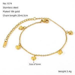 18k gold plated stainless steel double heart anklet with chain length dimensions