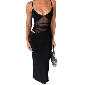 Detail of a slim-fit black maxi dress showing mesh waist cutout and open-back strap design