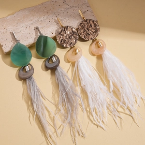 Bohemian exaggerated resin feather tassel drop earrings in vintage ethnic style