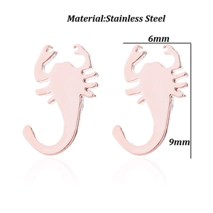 Minimalist rose gold stainless steel scorpion stud earrings measuring 9mm by 6mm