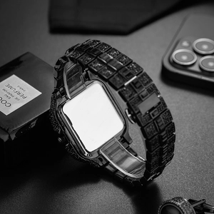 Detailed view of luxury black hip hop watch band with black crystals and metallic finish