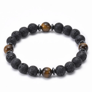 Detailed view of 8mm black volcanic lava stones and brown tiger eye beads on bracelet