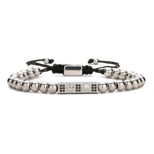 Crown charm bracelet with black pavé zircon and silver steel beads on woven cord