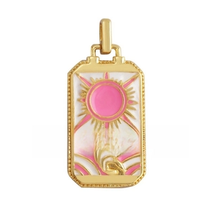 Macro shot of gold-plated rectangular tarot card pendant with pink sun and drip oil detail