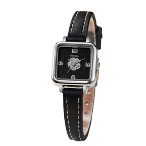 Elegant square women's watch with black leather strap and floral pattern dial
