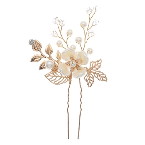 Handmade bridal hair pin with golden leaves, pearls, and crystal flower details