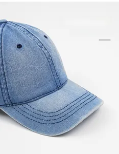 Detailed macro shot showing washed denim texture and multi-row stitching on wide brim cap