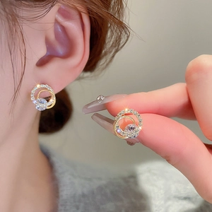 Elegant gold double circle earrings with sparkling zircon crystals for women