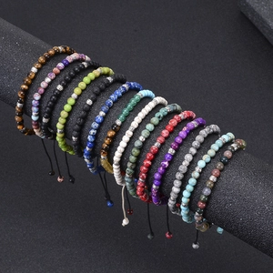 Adjustable 4mm natural stone beaded bracelets with vintage alloy spacers and woven cord