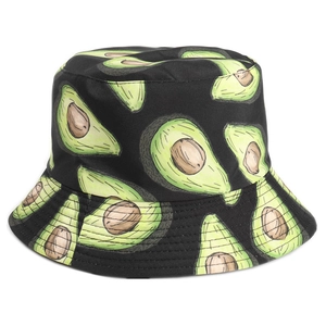 Reversible bucket hat with cartoon avocado print on black cotton fabric for sun protection