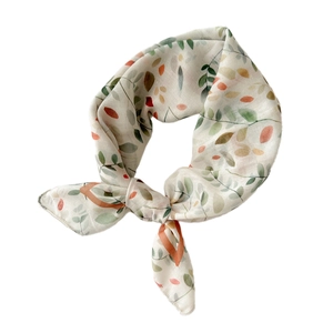 Floral cotton linen square scarf with falling leaves print for elegant spring styling