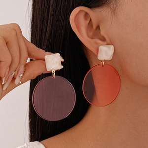 Minimalist geometric resin stud earrings featuring marble square and crimson round charms