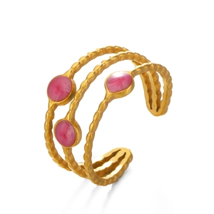 Three-layer gold stainless steel open ring featuring three pink round cabochon stones