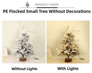 Mini PE flocked Christmas tree with wood base and warm LED lights in day/night view