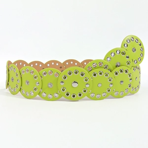 Detailed view of lime green leather disc belt with silver metal grommets and rivets