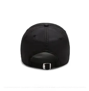 Detailed back view of a black baseball cap with an adjustable silver metal buckle strap