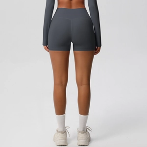 Rear view of high-waisted dark grey yoga shorts featuring a professional butt-lifting design