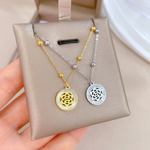 Camellia Flower Pendant Necklace Titanium Steel Mother Of Artificial Pearl Shell Hollow Out Clavicle Chain Minimalist Jewelry Women